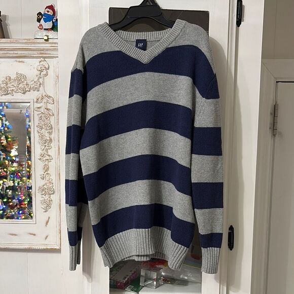 GAP Boys Gray and Navy Striped Sweater with Olive Green elbow patches Like New! - Picture 1 of 5